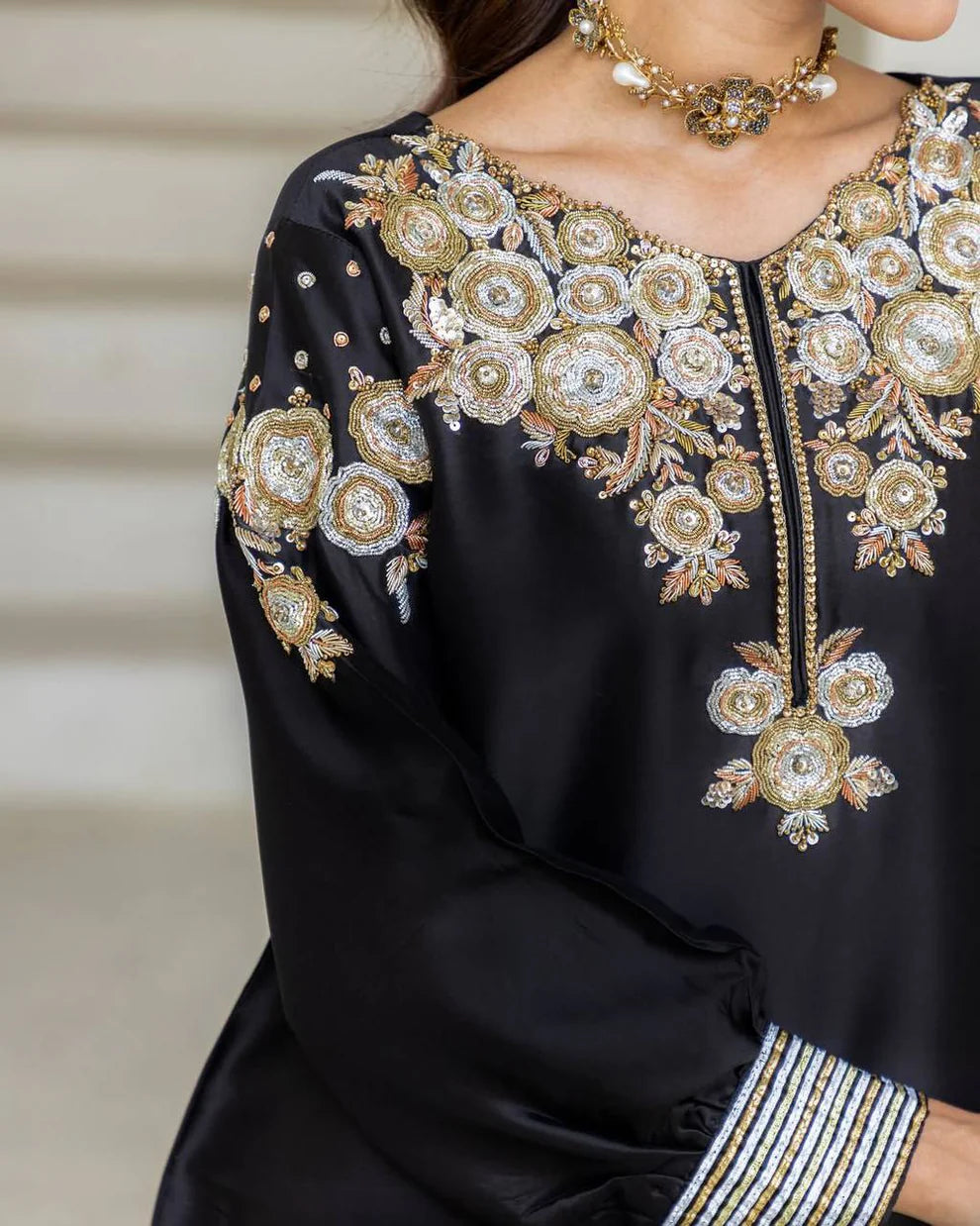 Black Crape Silk Golden Party Wear Salwar