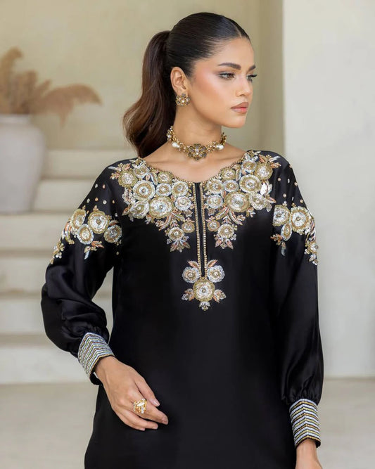 Black Crape Silk Golden Party Wear Salwar
