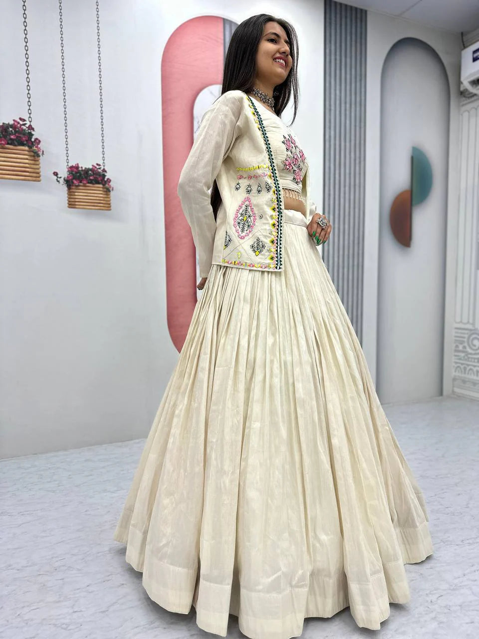 Vidhi Off-White Lehenga with Mirror Work Jacket