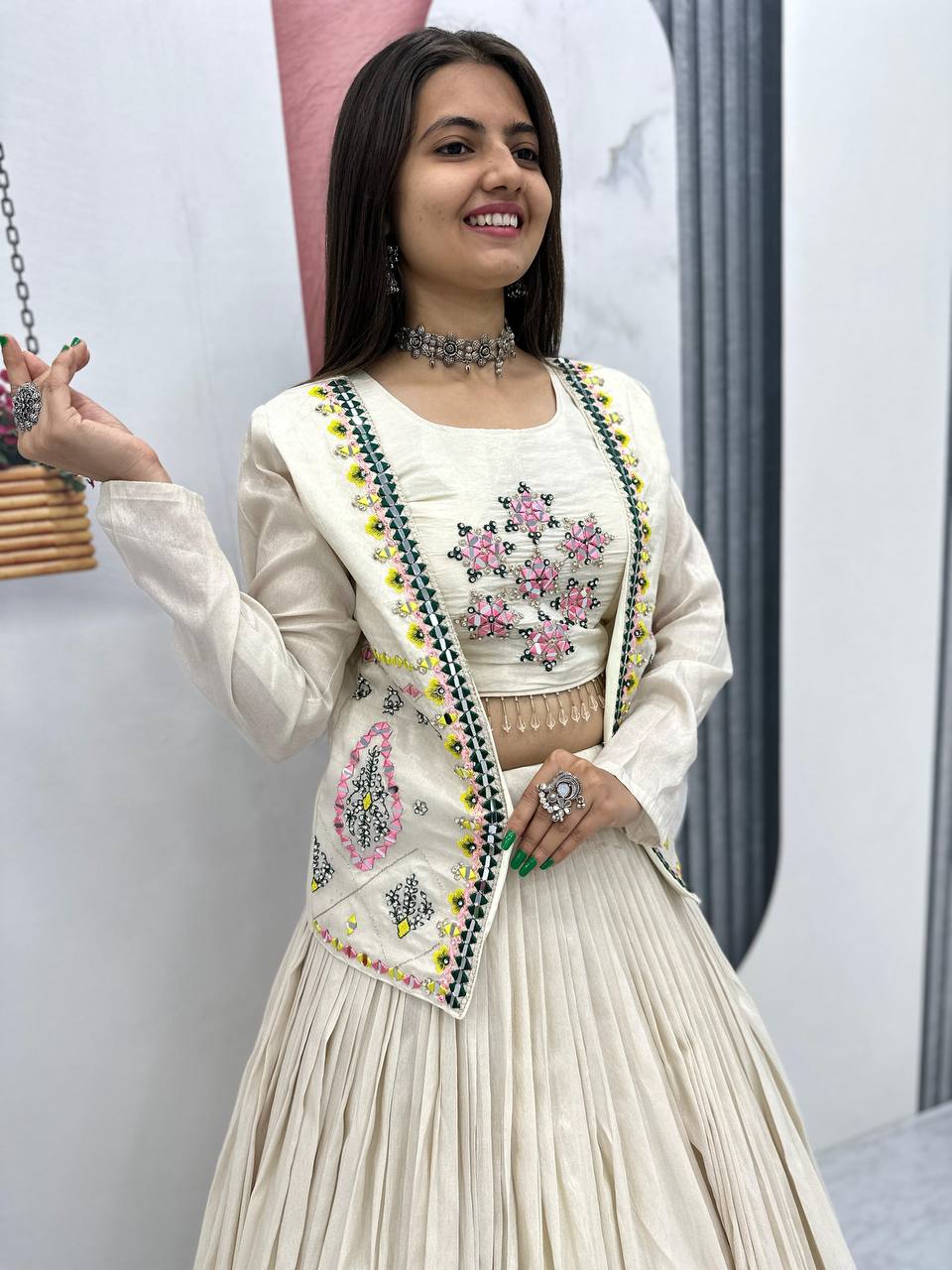 Vidhi Off-White Lehenga with Mirror Work Jacket