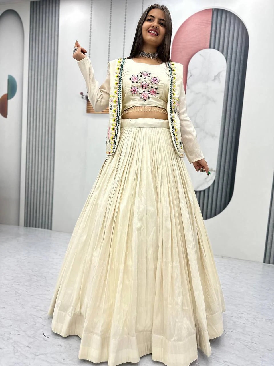 Vidhi Off-White Lehenga with Mirror Work Jacket