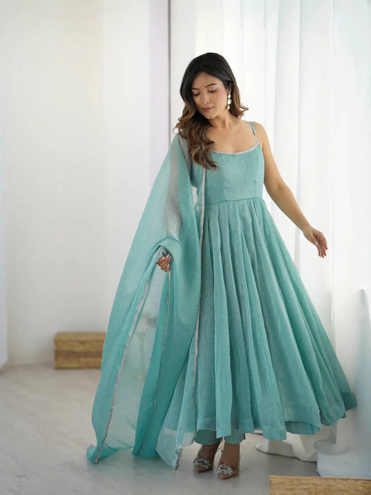 Aqua Blue Crunchy Silk Graceful Stylish Anarkali