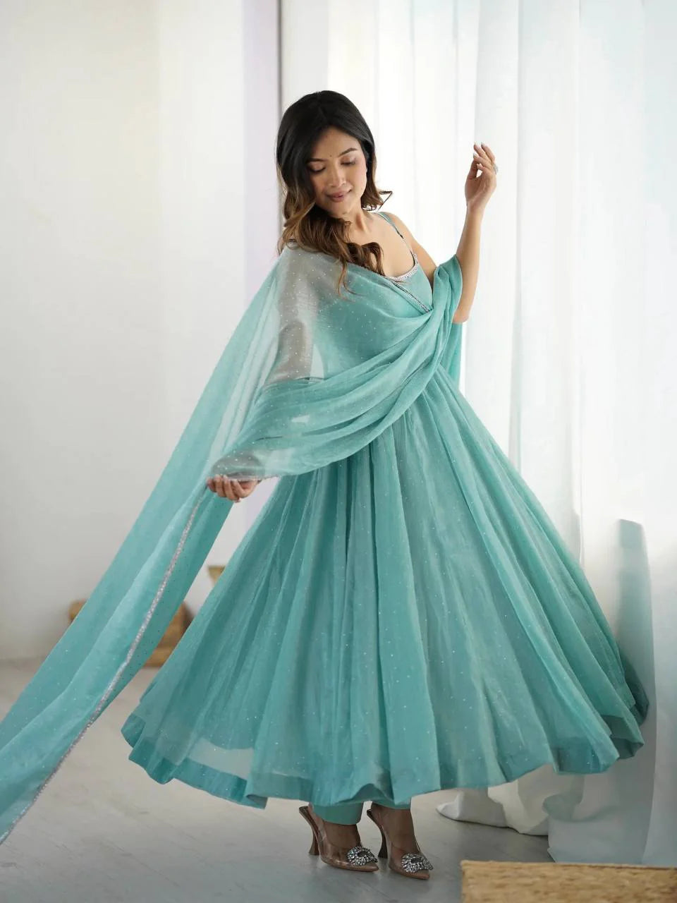 Aqua Blue Crunchy Silk Graceful Stylish Anarkali