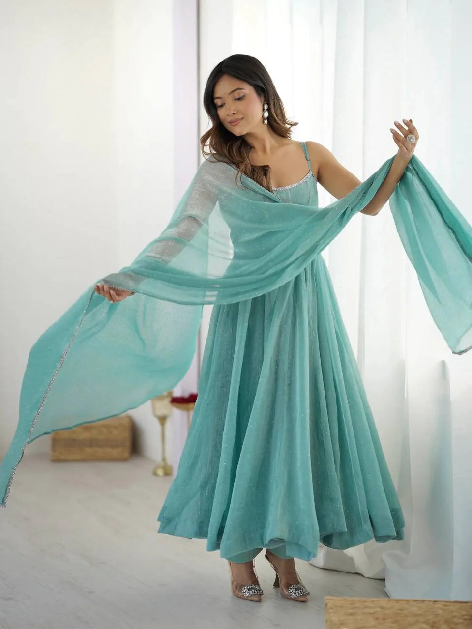 Aqua Blue Crunchy Silk Graceful Stylish Anarkali