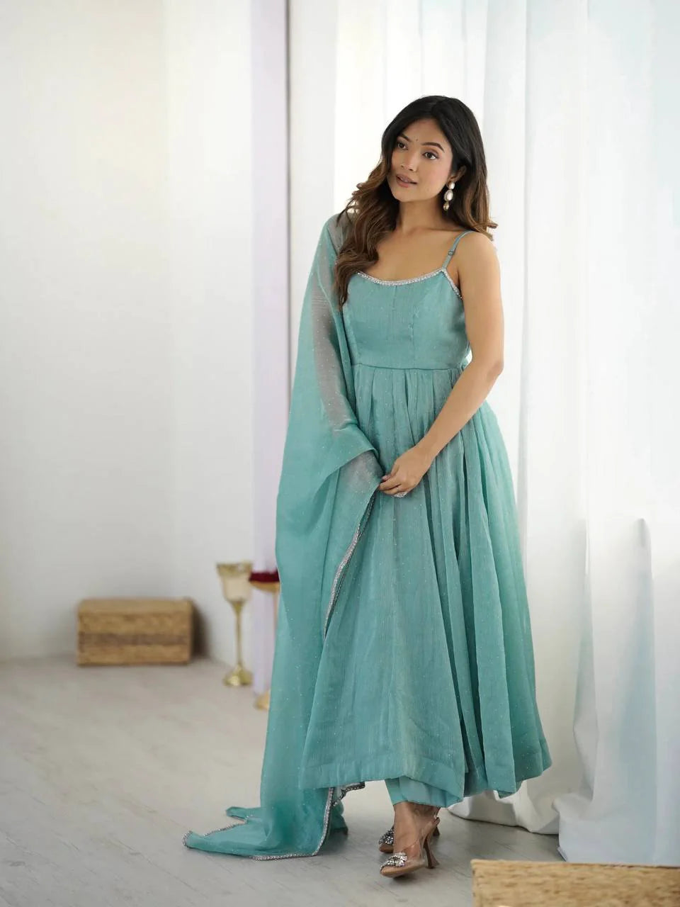 Aqua Blue Crunchy Silk Graceful Stylish Anarkali