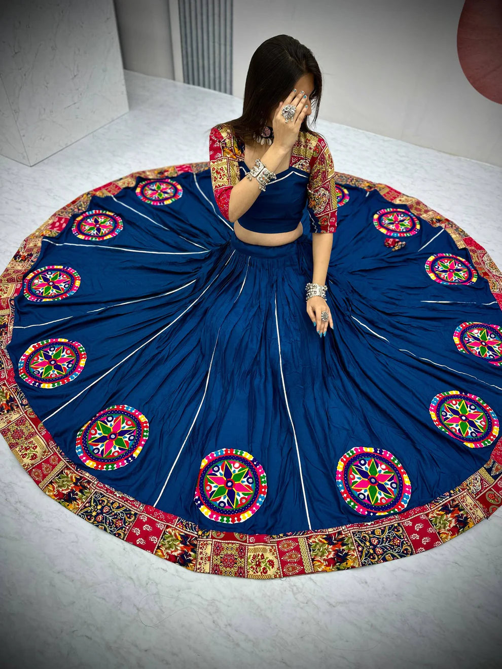 Blue Foil Print Gamthi Work Lehenga Choli