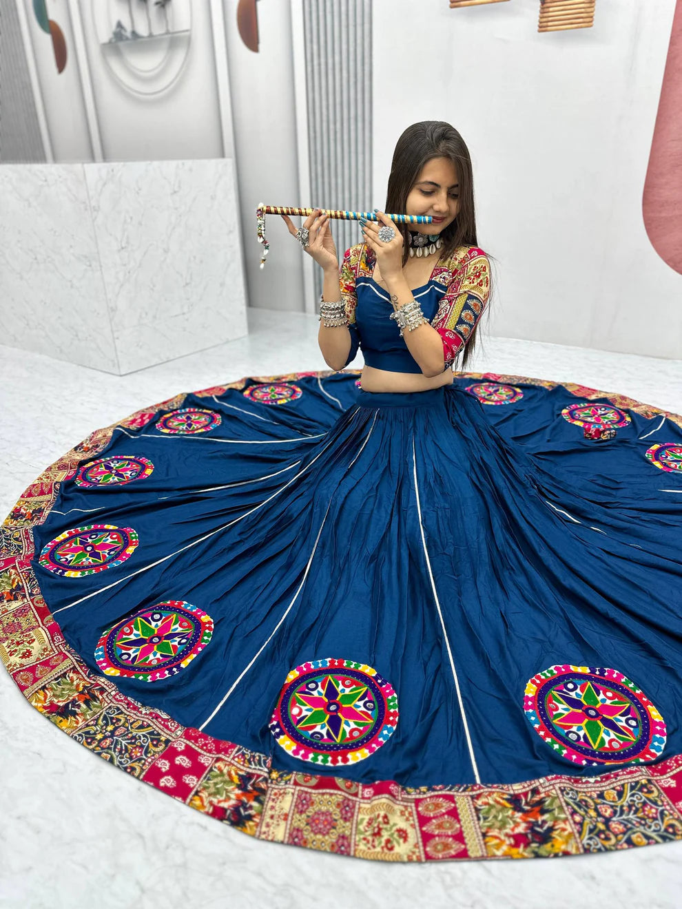 Blue Foil Print Gamthi Work Lehenga Choli