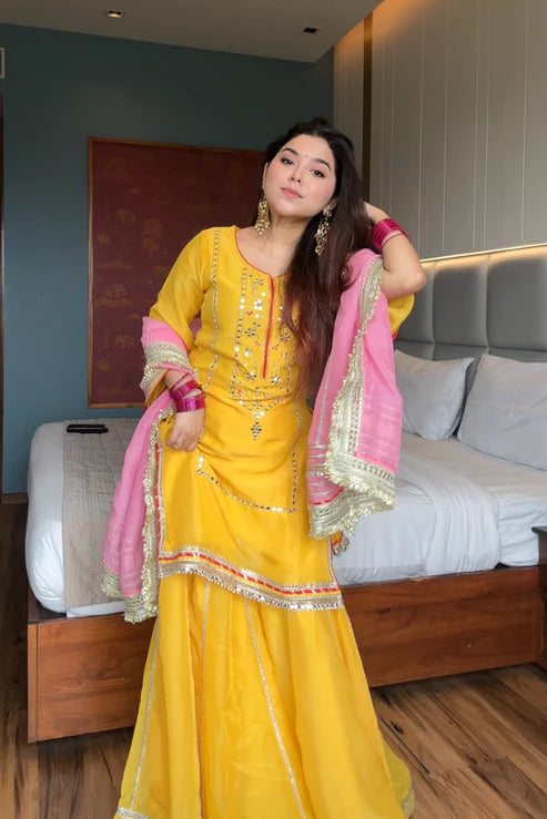 Haldi Special Real Mirror Work Sharara Set