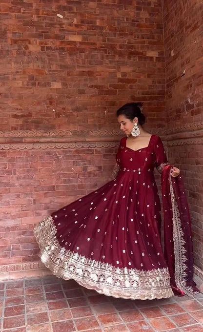 Roohi Maroon Zari Dori Anarkali Gown Set