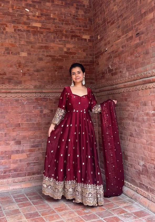 Roohi Maroon Zari Dori Anarkali Gown Set