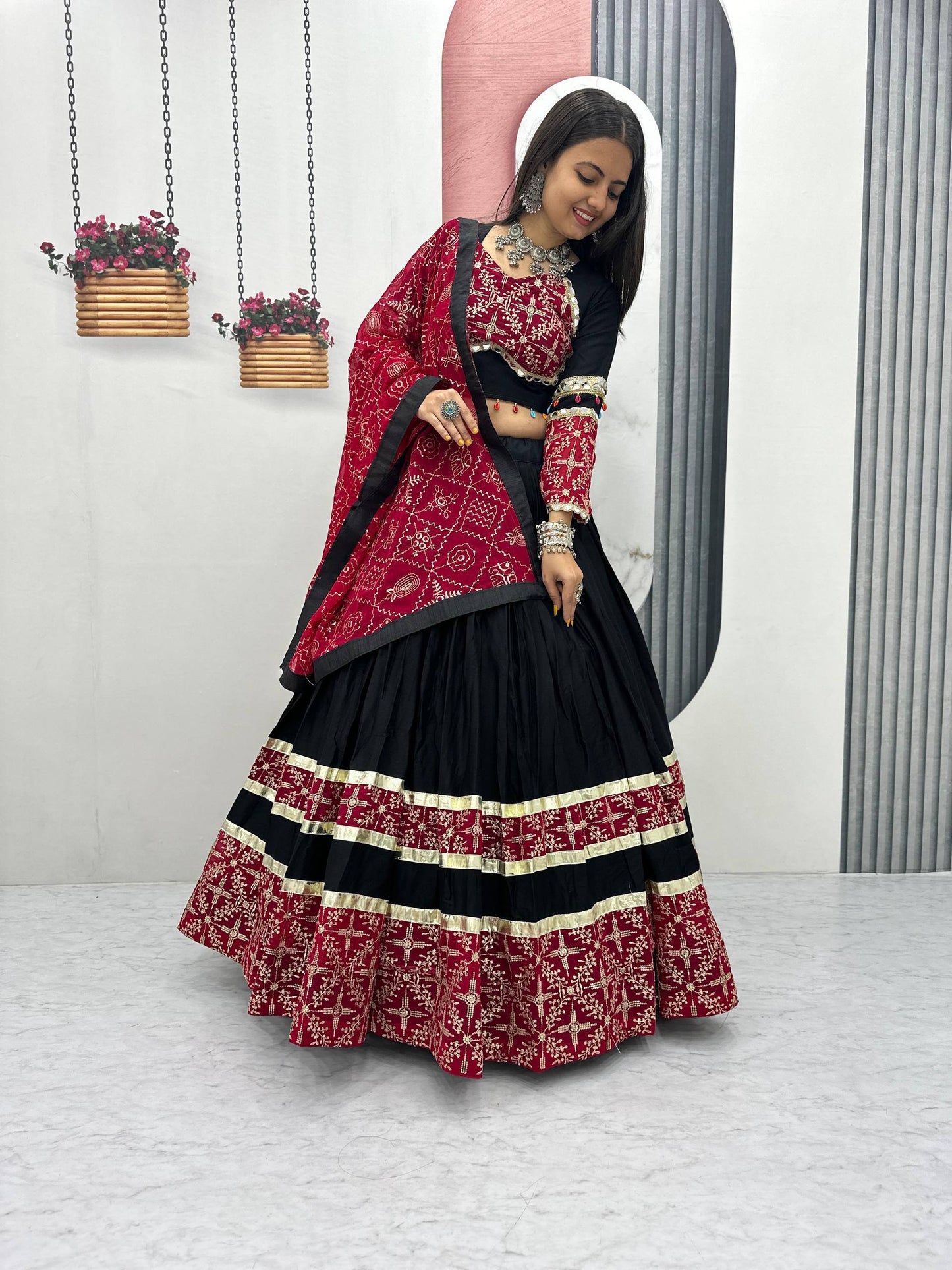 Sanvi Black & Maroon Bandhani Mirror Work Lehenga Choli