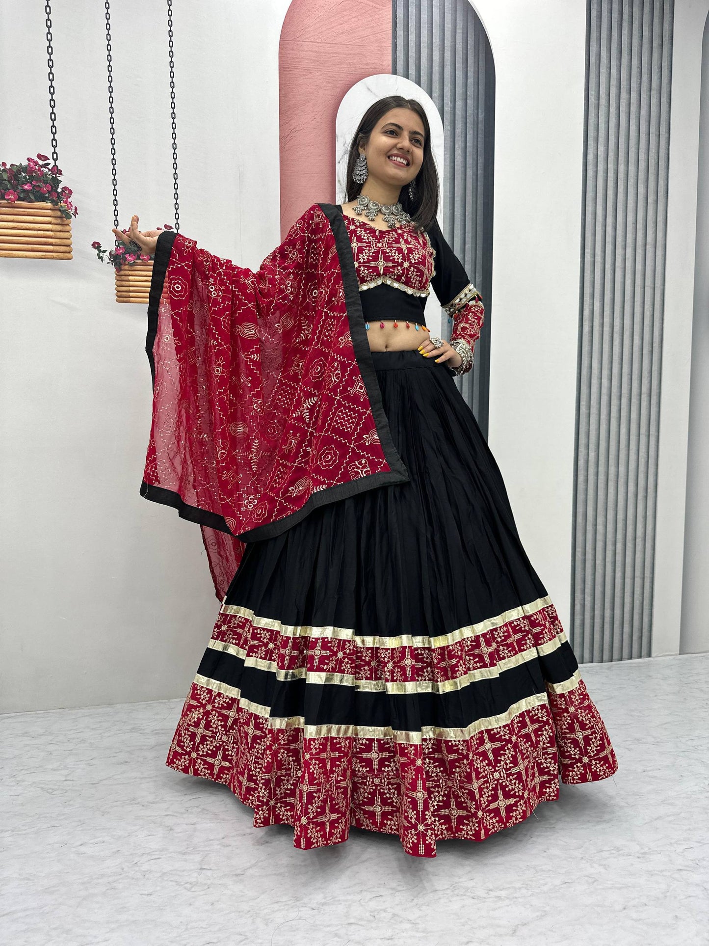 Sanvi Black & Maroon Bandhani Mirror Work Lehenga Choli