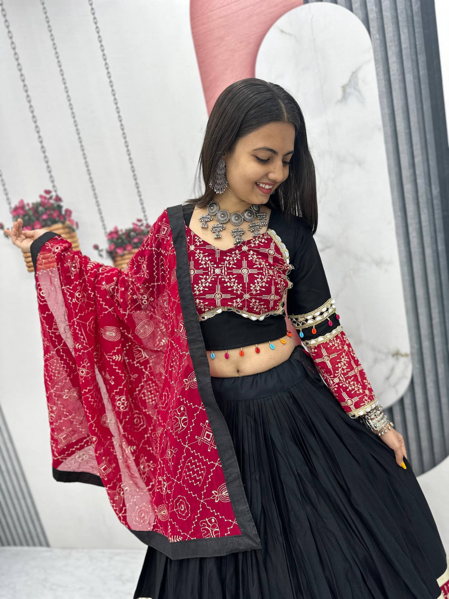 Sanvi Black & Maroon Bandhani Mirror Work Lehenga Choli
