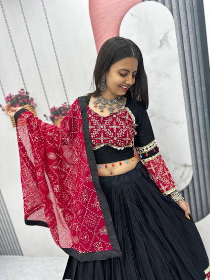 Sanvi Black & Maroon Bandhani Mirror Work Lehenga Choli
