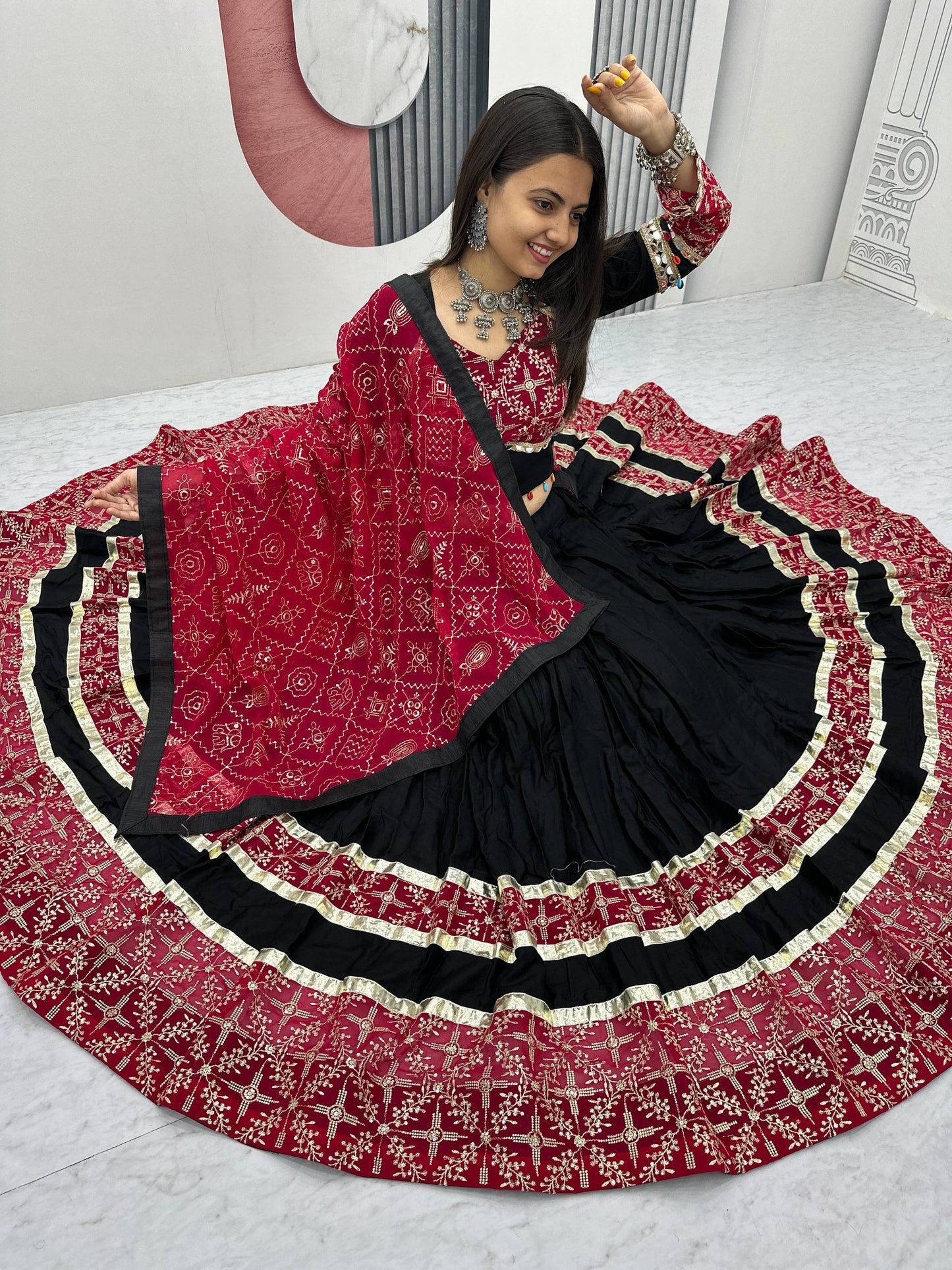 Sanvi Black & Maroon Bandhani Mirror Work Lehenga Choli