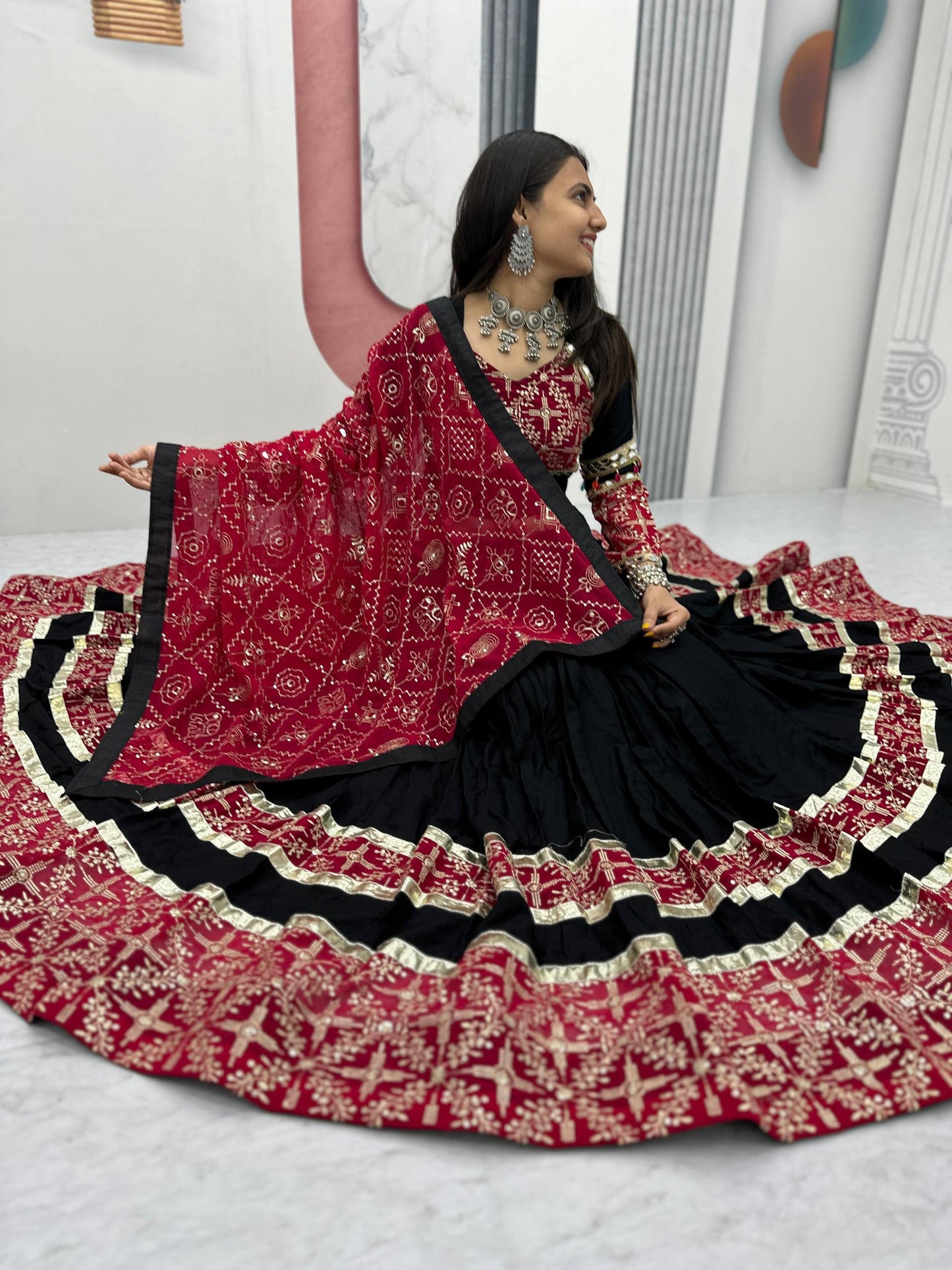 Sanvi Black & Maroon Bandhani Mirror Work Lehenga Choli