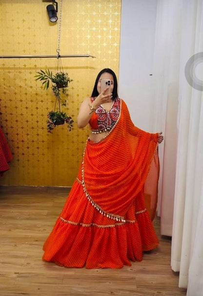 Orange Motedo Print With Fancy Lace Lahenga Choli