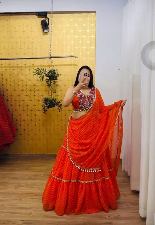 Orange Motedo Print With Fancy Lace Lahenga Choli