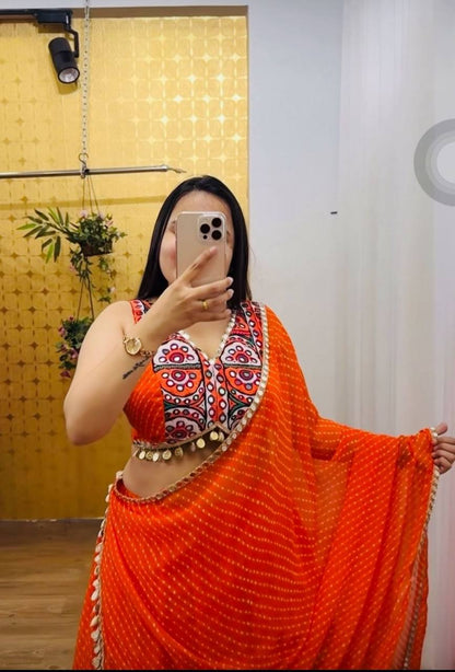 Orange Motedo Print With Fancy Lace Lahenga Choli