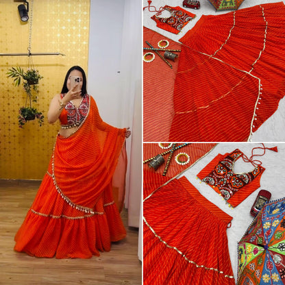 Orange Motedo Print With Fancy Lace Lahenga Choli