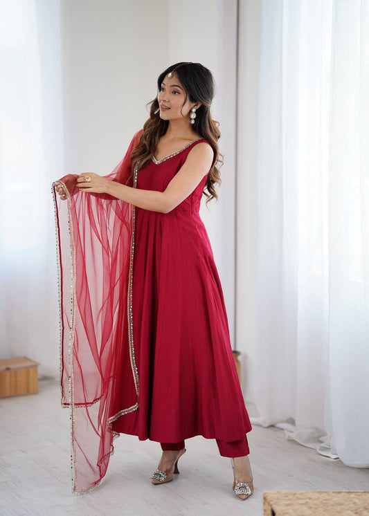 Yasmln Maroon Pure Romanslk Anarkali