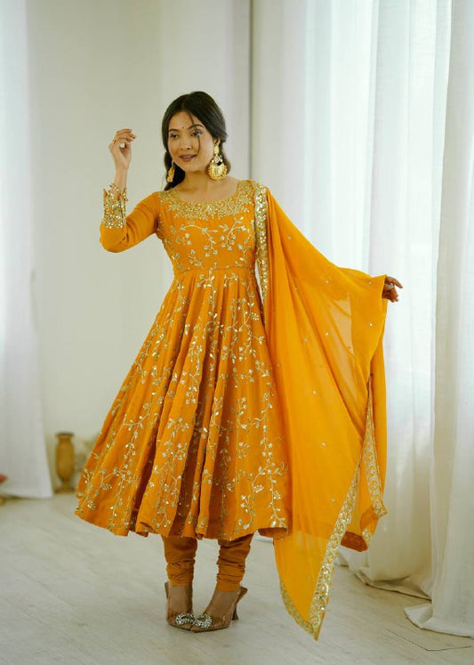 Tara Yellow Heavy Faux Georgette Pretty Anarkali Gown