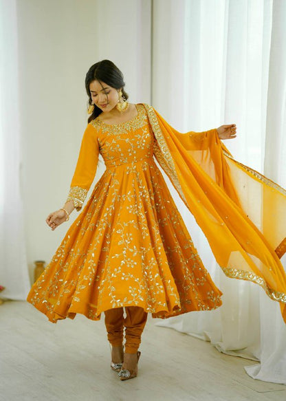 Tara Yellow Heavy Faux Georgette Pretty Anarkali Gown