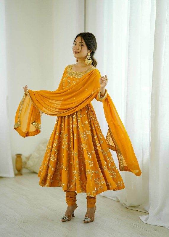 Tara Yellow Heavy Faux Georgette Pretty Anarkali Gown