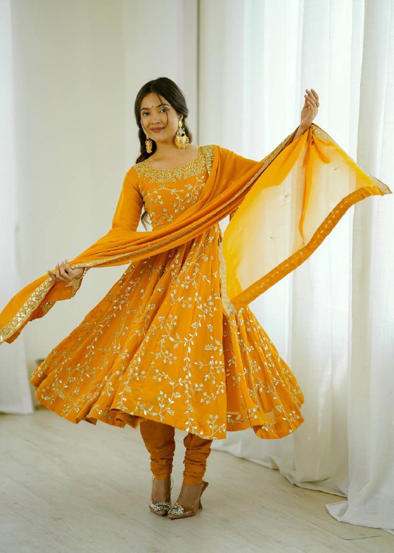 Tara Yellow Heavy Faux Georgette Pretty Anarkali Gown