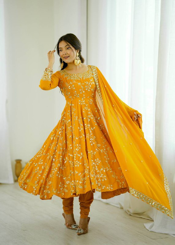Tara Yellow Heavy Faux Georgette Pretty Anarkali Gown