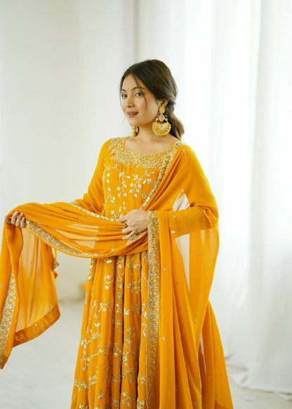 Tara Yellow Heavy Faux Georgette Pretty Anarkali Gown