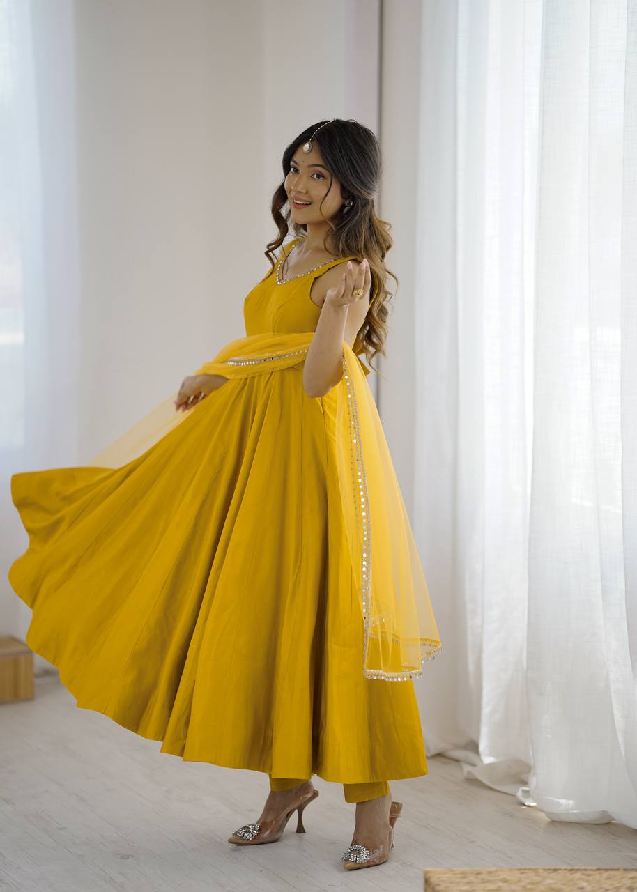 Chhavi Yellow Heavy Pure Romansilk Chanderi Anarkali