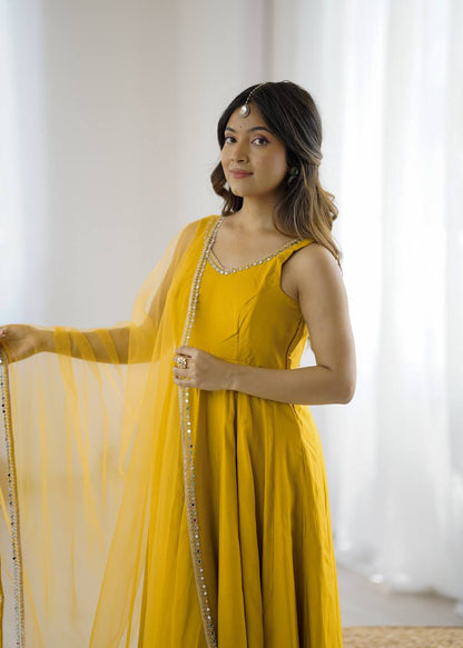 Chhavi Yellow Heavy Pure Romansilk Chanderi Anarkali