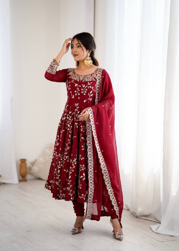 Tanishqa Meroon Beautiful Heavy Faux Georgette Anarkali Gown