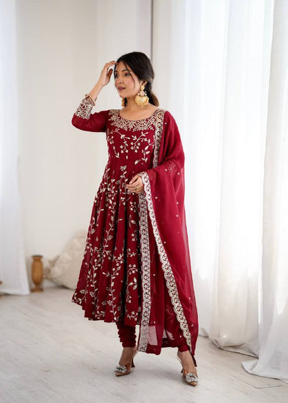 Tanishqa Meroon Beautiful Heavy Faux Georgette Anarkali Gown