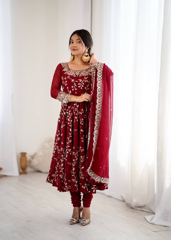 Tanishqa Meroon Beautiful Heavy Faux Georgette Anarkali Gown