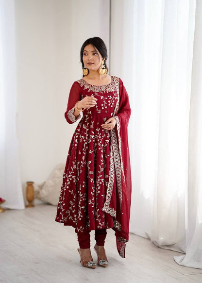 Tanishqa Meroon Beautiful Heavy Faux Georgette Anarkali Gown