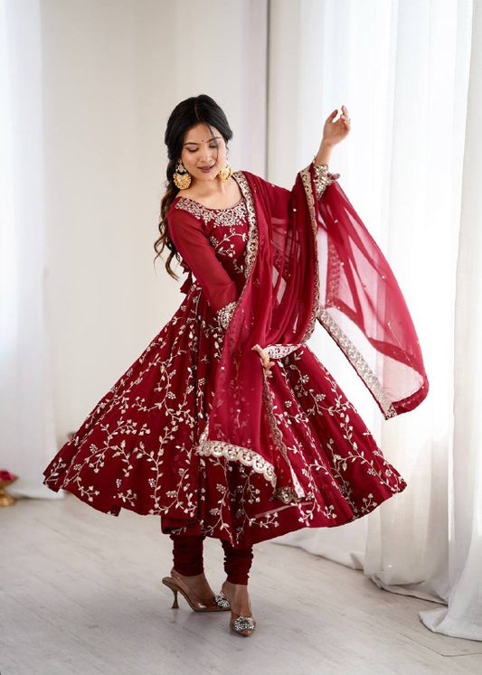 Tanishqa Meroon Beautiful Heavy Faux Georgette Anarkali Gown