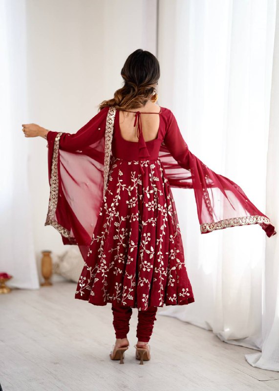 Tanishqa Meroon Beautiful Heavy Faux Georgette Anarkali Gown