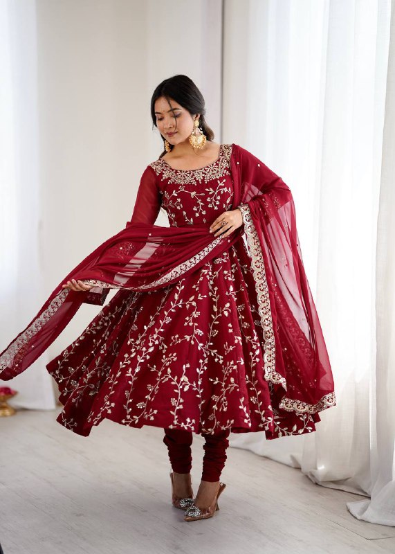 Tanishqa Meroon Beautiful Heavy Faux Georgette Anarkali Gown