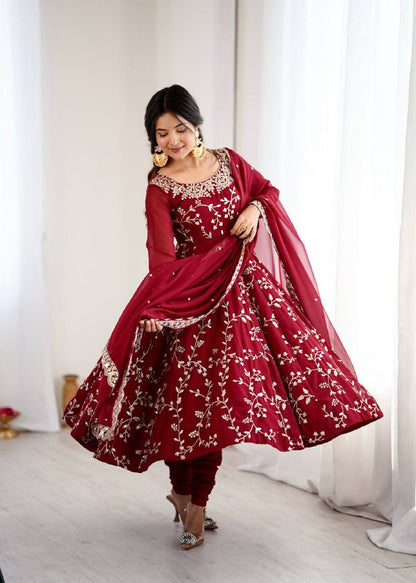 Tanishqa Meroon Beautiful Heavy Faux Georgette Anarkali Gown