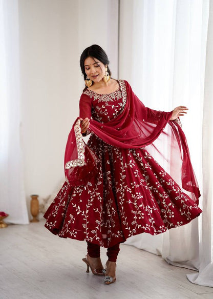 Tanishqa Meroon Beautiful Heavy Faux Georgette Anarkali Gown