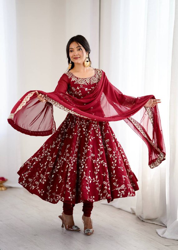 Tanishqa Meroon Beautiful Heavy Faux Georgette Anarkali Gown
