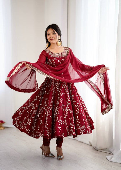 Tanishqa Meroon Beautiful Heavy Faux Georgette Anarkali Gown