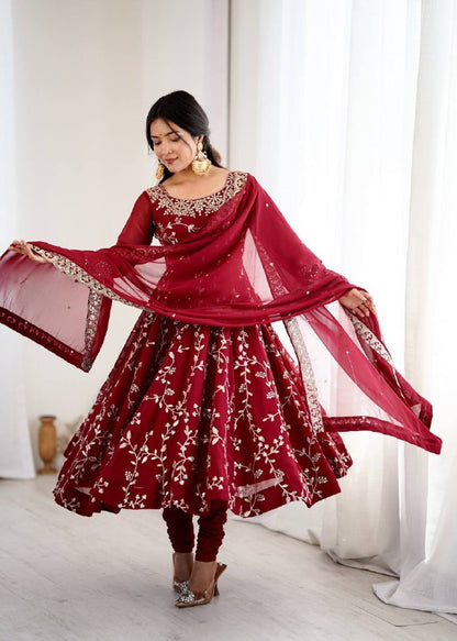 Tanishqa Meroon Beautiful Heavy Faux Georgette Anarkali Gown