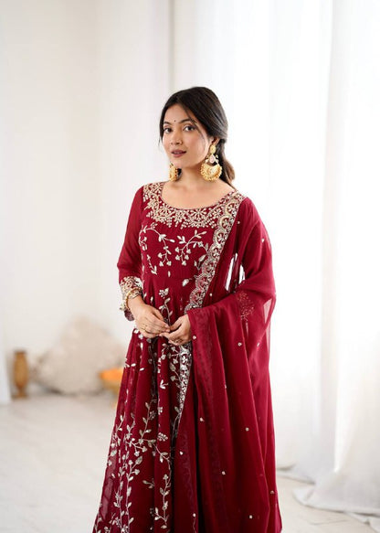 Tanishqa Meroon Beautiful Heavy Faux Georgette Anarkali Gown