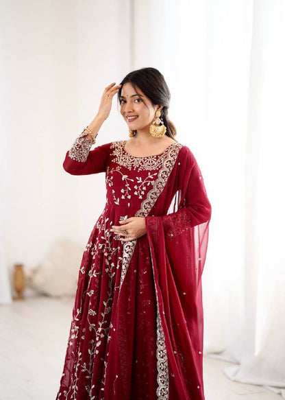 Tanishqa Meroon Beautiful Heavy Faux Georgette Anarkali Gown
