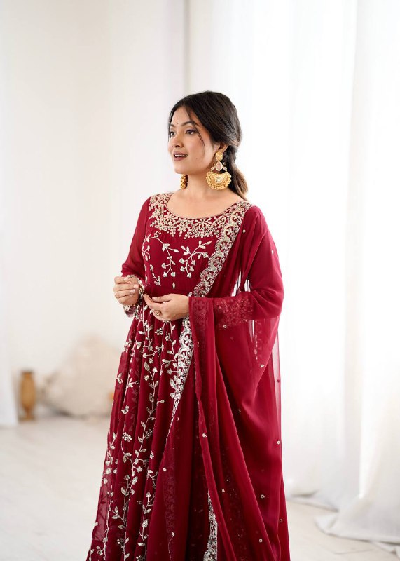 Tanishqa Meroon Beautiful Heavy Faux Georgette Anarkali Gown