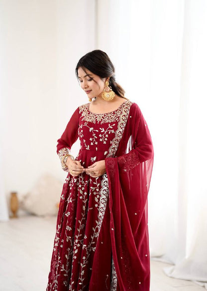 Tanishqa Meroon Beautiful Heavy Faux Georgette Anarkali Gown