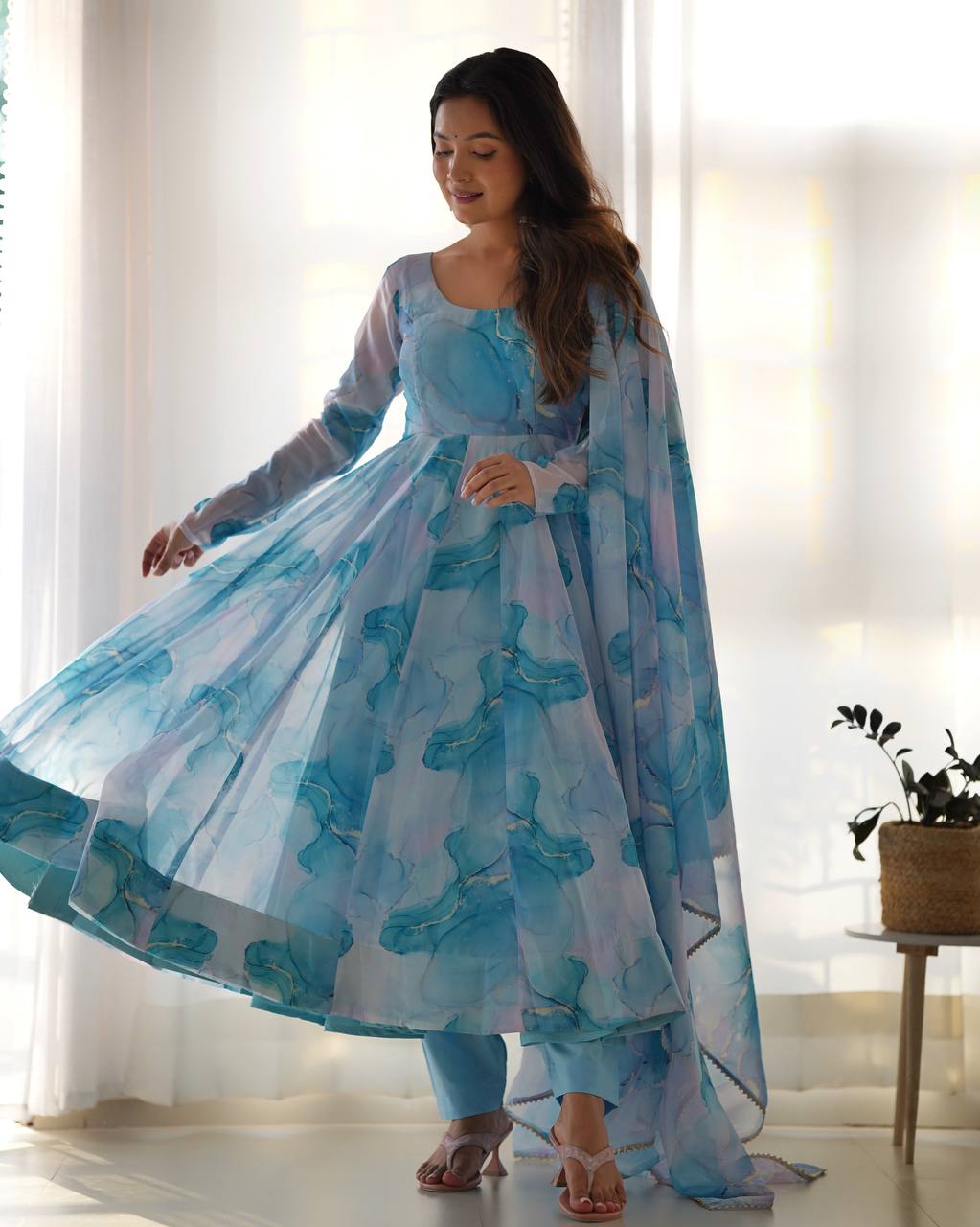 Sky Blue Pure Soft Organja Silk Marble Print Anarkali